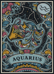 Beautiful colorful pre-made card with Aquarius zodiac sign illustration and flowers in ornate victorian style.
