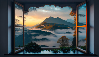 Morning Mountain View Through Window. AI generative image. 