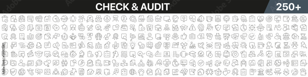 Poster check and audit linear icons collection. big set of more 250 thin line icons in black. check and aud