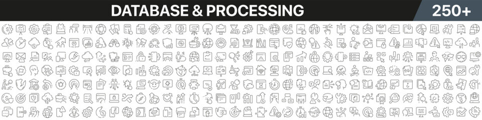 Fototapeta na wymiar Database and processing linear icons collection. Big set of more 250 thin line icons in black. Database and processing black icons. Vector illustration