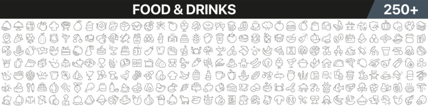 Food and drinks linear icons collection. Big set of more 250 thin line icons in black. Food and drinks black icons. Vector illustration