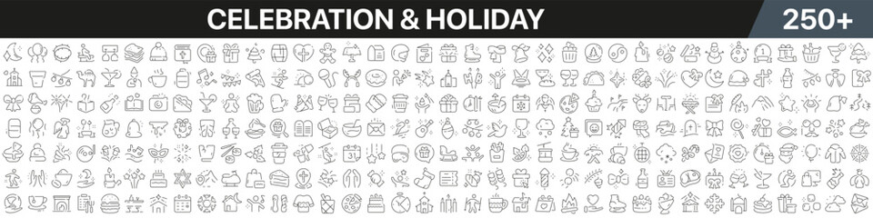 Fototapeta na wymiar Celebration and holiday linear icons collection. Big set of more 250 thin line icons in black. Celebration and holiday black icons. Vector illustration