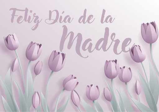 Spanish Happy Mothers Day Feliz Dia De La Madre paper craft or paper cut  origami style floral tulip flowers design. With pink tulips background  corner frame design elements. vector de Stock