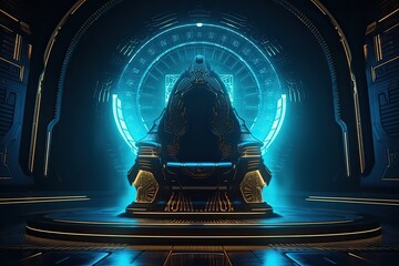Fototapeta na wymiar futuristic spaceship and throne are set against neon lights. Generative Ai