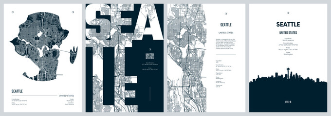 Set of travel posters with Seattle, detailed urban street plan city map, Silhouette city skyline, vector artwork - 591918415