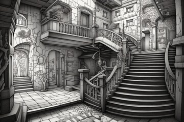 Majestic Castle Staircase, Fine Pencil Art generative ai Illustration