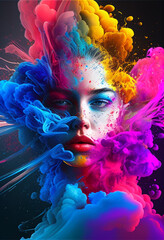 Neon Women Portrait in the middle of explosions of colored smoke