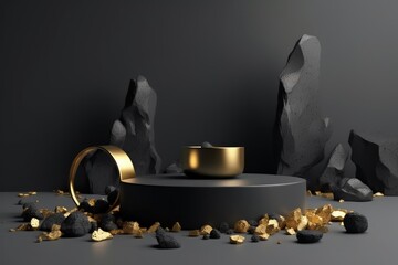 luxury premium black stones and gold metal plates podium for product showcase lit by a soft white dramatic light generative ai illustration