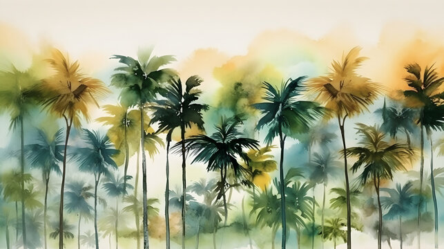 Tall tropical trees wall mural painted art, watercolor art style wallpaper background. Generative ai.
