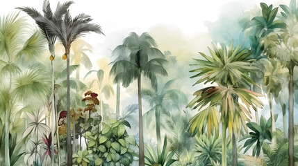 Tall tropical trees wall mural painted art, watercolor art style wallpaper background. Generative ai.
 - obrazy, fototapety, plakaty