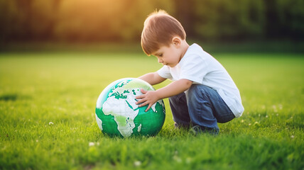 Child playing with Earth Planet ball toy in grass, Earth Day concept