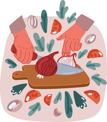 Vector illustration of Close up hands cutting onion with knife on chopping board.