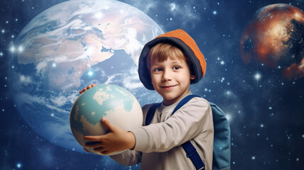 Naklejka premium Child holding a globe in hands, playing with Earth planet, on a cosmic space background, Earth Day concept