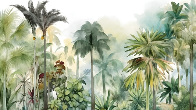 Fototapeta Tall tropical trees wall mural painted art, watercolor art style wallpaper background. Generative ai. 