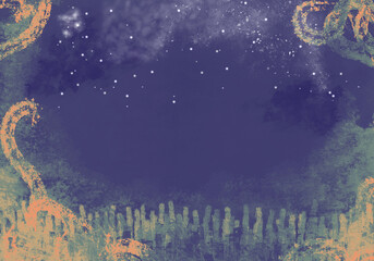 緑豊かで幻想的な夜の森の中の星空・手描き背景イラスト