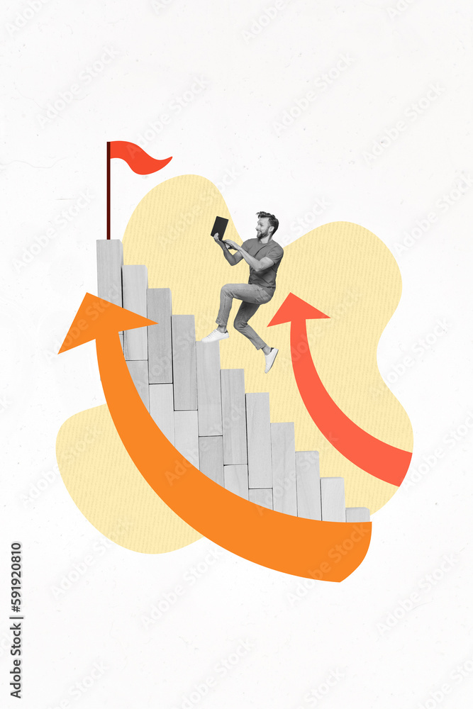 Poster Vertical collage image of mini black white effect guy use netbook run climb growing up arrow stairs target flag isolated on creative background