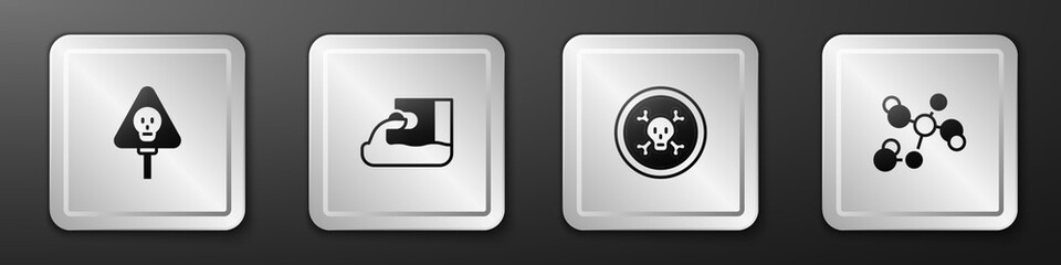 Set Bones and skull, Wastewater, and Chemical formula icon. Silver square button. Vector