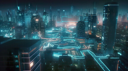 Illustration of a futuristic cyberpunk night city and Sci-fi vision of futuristic cyberpunk city neon night life. AI generated illustration.