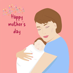 Mother's Day poster. Mother and cute baby. Vector illustration.