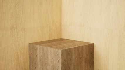 Présentoir de produit ou piédestal de vitrine, podium, stand vide, composé de trois cube avec arrière plan simple pour intégration produit, rendu 3d