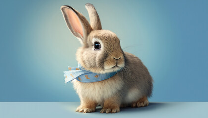 Cute baby rabbit with a ribbon on a blue background. Ai generated