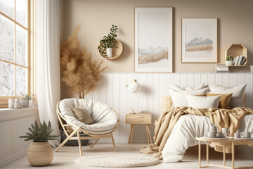 Scandinavian style room mockup with natural wood furniture and a beige color scheme, minimalist design. Generative AI