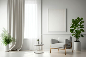 Modern minimalist interior living room with an armchair on white wall background with empty banner. Generative AI