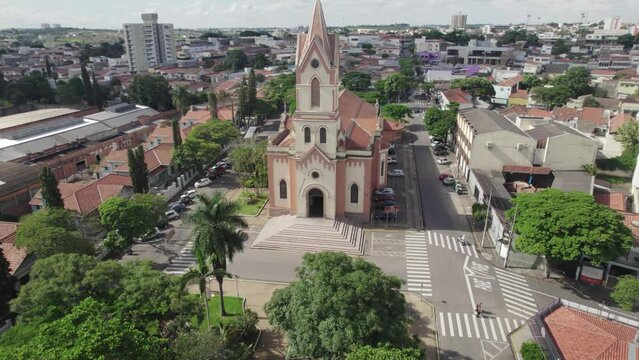 Salto, S&atilde;o Paulo/Brazil - Circa February 2023: Aerial view of Salto, S&atilde;o Paulo. Parish of Our Lady of Mount Serrat