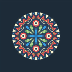Mandala. Round symmetrical illustration with a decorative ornament of abstract flowers, plants and geometric elements in the form of triangles. Mexican folk style. Blue, red, green colors. Vector