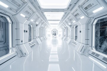 Beautiful design , sci-fi corridor in a space ship or futuristic structure with glossy reflective walls and transparent glass - Generative Ai