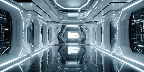 Beautiful design , sci-fi corridor in a space ship or futuristic structure with glossy reflective walls and transparent glass - Generative Ai - obrazy, fototapety, plakaty