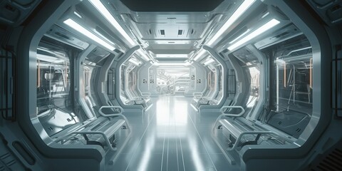 Beautiful design , sci-fi corridor in a space ship or futuristic structure with glossy reflective walls and transparent glass - Generative Ai