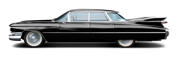 Obraz na płótnie Canvas Large American retro sedan in black color isolated on white background.