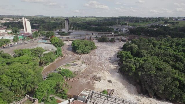 Salto, Sao Paulo/Brazil - Circa February 2023: Aerial view of Salto, Amores Island and Staiada Bridge from Salto