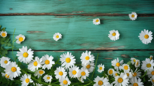 Green wooden background with daisies border. Generative AI
