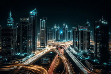 Obraz premium Metropolis at night, featuring skyscrapers, crossroads, and trails of lights. This illustration captures the dynamic energy and vibrancy of city life. Ai generated