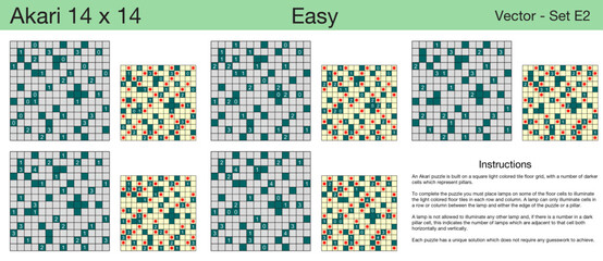 5 Easy Akari 14 x 14 Puzzles. A set of scalable puzzles for kids and adults, which are ready for web use or to be compiled into a standard or large print activity book.