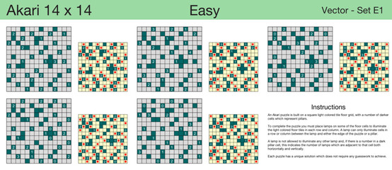 5 Easy Akari 14 x 14 Puzzles. A set of scalable puzzles for kids and adults, which are ready for web use or to be compiled into a standard or large print activity book.