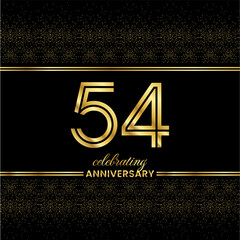 54 Golden Double Line Number. 54 Anniversary invitation cover with glitter separated by golden double lines on a black background