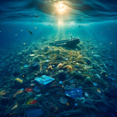 Fototapeta na wymiar Biodegradation of the marine environment. Plastic trash and other things drifting in the ocean. AI generativ.