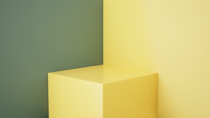 Présentoir de produit ou piédestal de vitrine, podium, stand vide, composé de trois cube avec arrière plan simple pour intégration produit, rendu 3d
