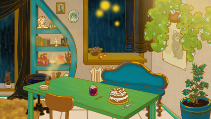 Beautiful hand drawn kitchen interior with table and cake for tea party. Design of room for cartoons or video game. Cozy home on rainy day with blue bookcase and sofa and green table. Film grain