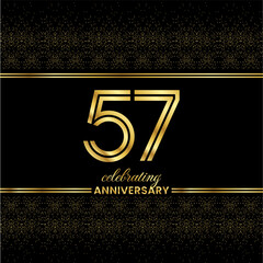 57 Golden Double Line Number. Anniversary invitation cover with glitter separated by golden double lines on a black background