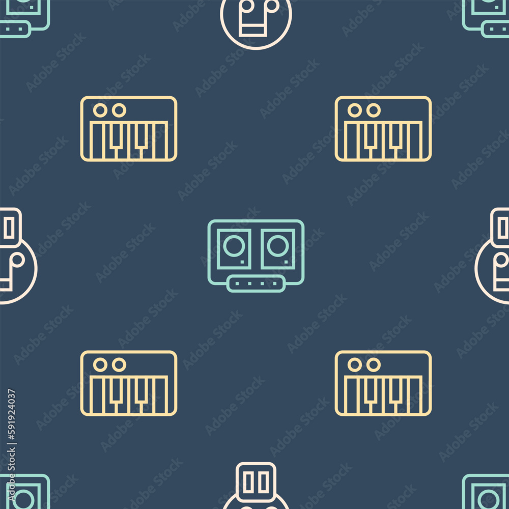 Aufkleber set line pause button, music synthesizer and dj remote and mixing music on seamless pattern. vector