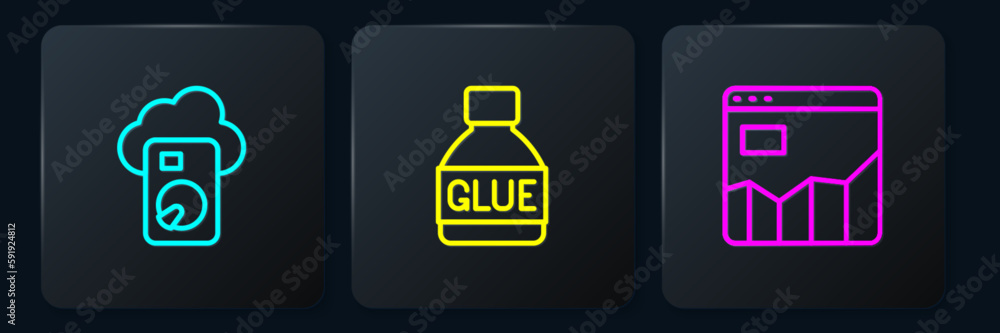 Poster set line cloud database, graph chart infographic and glue. black square button. vector