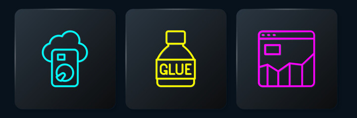 Set line Cloud database, Graph chart infographic and Glue. Black square button. Vector