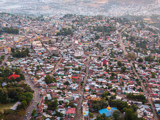 Obraz premium Aerial view of the city centre of Gondar with a lot of car and pedestrian traffic, Ethiopia, Africa