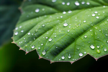 Close-up of raindrops on the surface of a bright green, newly sprouted leaf, the water droplets magnifying the intricate veins and textures of the leaf.