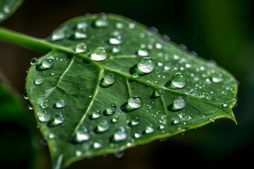 Close-up of raindrops on the surface of a bright green, newly sprouted leaf, the water droplets magnifying the intricate veins and textures of the leaf.