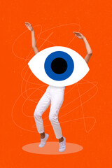 Vertical collage image of mini person dancing huge watching eye instead head body isolated on...
